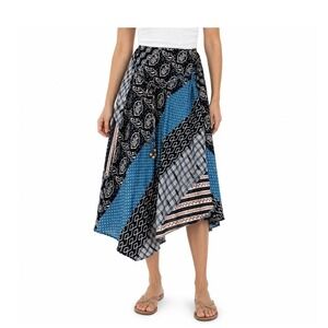 Work To Weekend Women Blue Patchwork Paisley Handkerchief Hem Midi Skirt Size 12